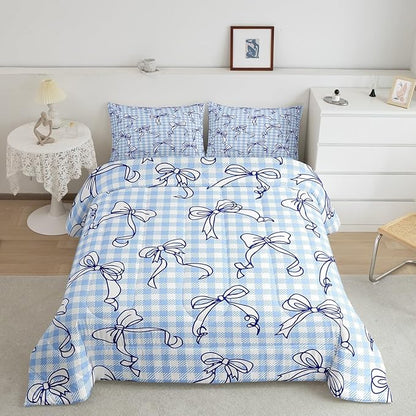 Feelyou Kawaii Bow Bedding Set Plaid Girls Bow Comforter Set for Kids Boys Girls Teens Room Decor Cute Bowknot Comforter Queen Size Lovely Grid Duvet Set 3Pcs