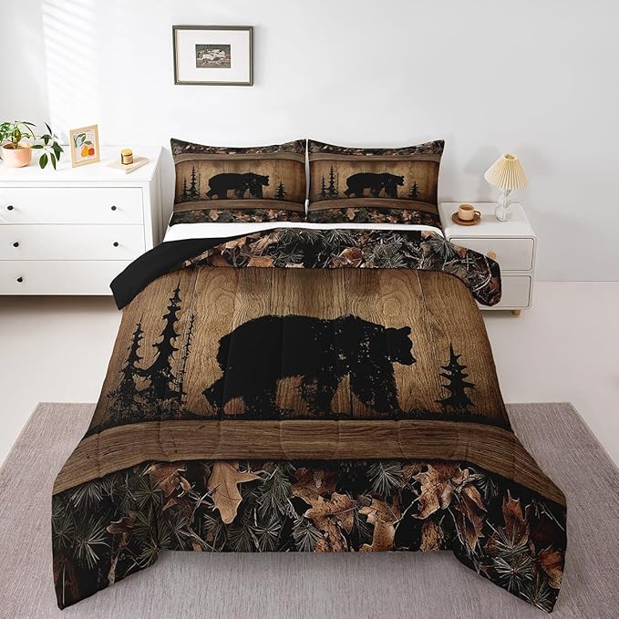 Erosebridal Rustic Farmhouse Comforter Set Country Cabin Bear Bedding Set Full,Tree Branches Woodland Camo Hunting Wildlife Bedding Comforter Sets for Teen Boys Men Camouflage Animal Quilt Set