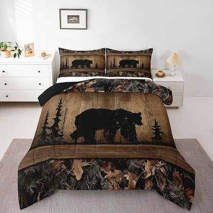 Erosebridal Rustic Farmhouse Comforter Set Country Cabin Bear Bedding Set Toddler,Tree Branches Woodland Camo Hunting Wildlife Bedding Comforter Sets for Teen Boys Men Camouflage Animal Quilt Set