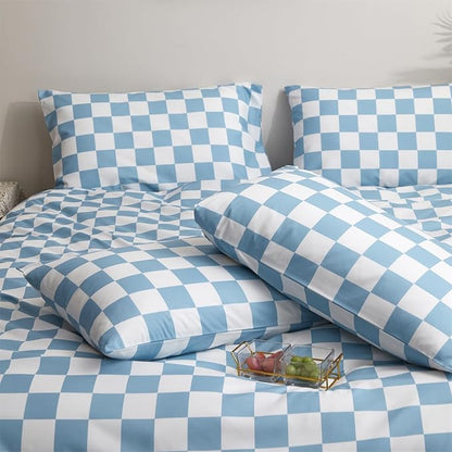 karever Blue White Grid Comforter Set King Blue Plaid Bedding Set Women Blue and White Checkered Bed Comforter Set Breathable Blanket Set Men Durable Bedding Comforter Set,King(104''* 90'')