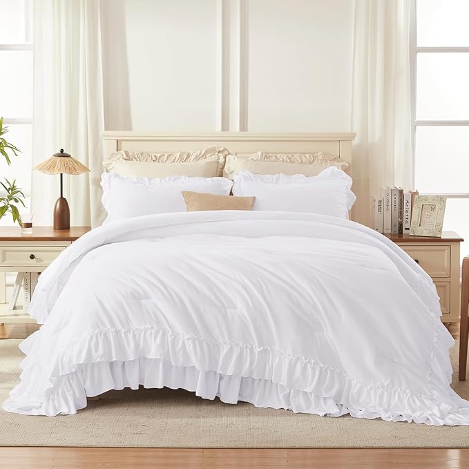 Andency Oversized King Ruffle Comforter Set, 3 Pieces Shabby Chic Farmhouse Bedding Set, Lightweight Soft Comforter Set 120x98 for Girls Women (1 Comforter 2 Pillowcases), White