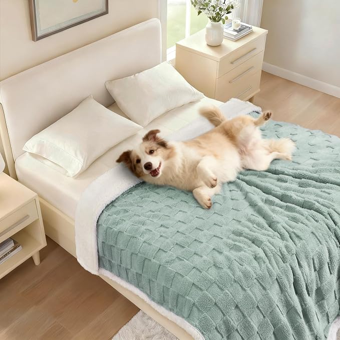 Luciphia Waterproof Dog Blanket for Large Dogs Washable Soft Sherpa Fleece Cat Blankets with 3D Jacquard Cozy Calming Reversible Bed Couch Protector Furniture Protection for Pet,Green White,65x57 inch