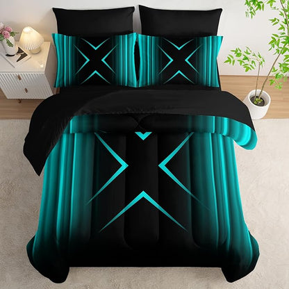 Turquoise Black Geometric Comforter Set Queen Size 7Pieces,3D Abstract Mordern Printed Bedding Set for Adults,Geometric Mordern Decor All Seasons with Pillowcases,Flat, Fitted Sheet