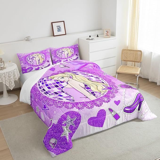 Girly Princess Kids Comforter Set Queen Size,High-heeled Shoes Lip Bowknot Romantic Bedding Set,Girls Women Room Decor,Glitter Sequin Diamond Down Comforter,Purple Dreamy Duvet Insert,2 Pillowcases