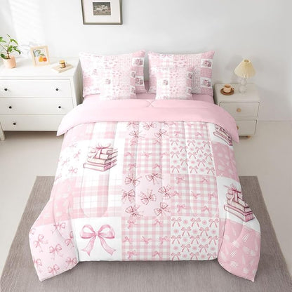 Feelyou Pink Bow Comforter Set Full Size 7 Pieces Cute Bowknot Bedding Set for Kids Boys Girls Princess Bow Bed in a Bag with Comforter, Sheets, Pillowcases, Cushion Covers Kawaii Bedroom Decor