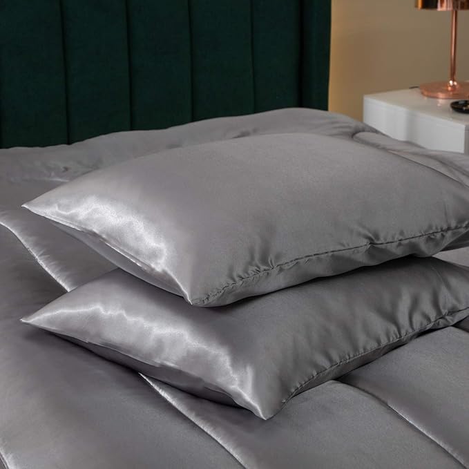 Bedding Dreamer Satin Comforter Queen Size Grey Silky Set with 2 Pillowcases