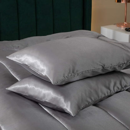 Bedding Dreamer Satin Comforter Queen Size Grey Silky Set with 2 Pillowcases