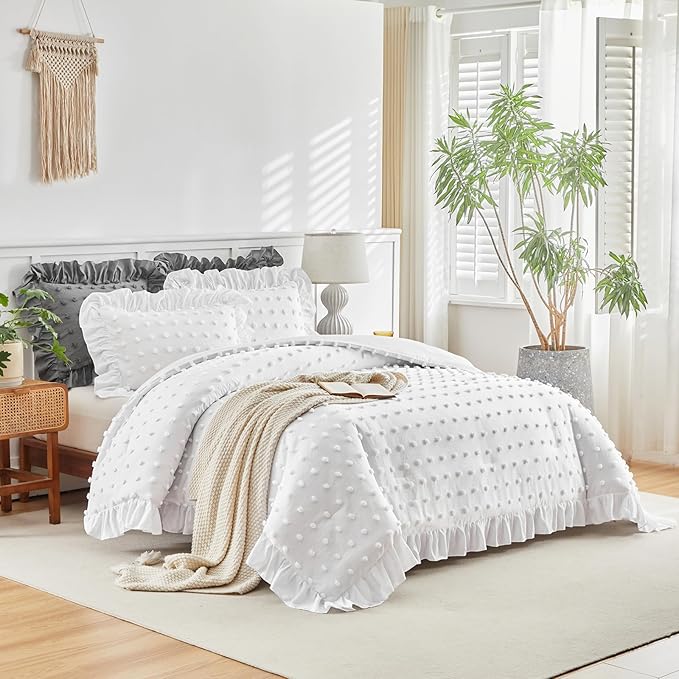 Flysheep Tufted Dots Ruffle Comforter Set Twin Size, 3 Pieces White Vintage Farmhouse Shabby Chic Comforters, Jacquard Boho Bohemian Bedding Set for Kids (1 Ruffled Comforter+ 2 Pillow Shams)