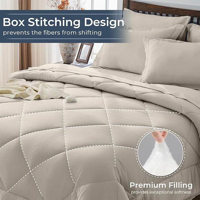 HEVUMYI Linen Queen Comforter Set - 7-Piece All Season Bed in a Bag Queen, Ultra Soft Bedding Set with Comforter, Flat Sheet, Fitted Sheet, Pillowcases, Pillow Shams