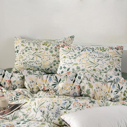 MKXI Garden Floral Comforter Set White Botanical College Bedding Queen Size for Coquette Aesthetic Plants Flowers Pattern Comforter for Women Teen Girls