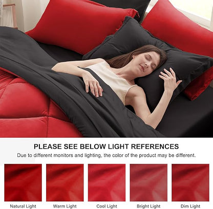 Anluoer Queen Comforter Set -7 Pieces Bed in a Bag Queen Size, Reversible Bed Set with 1 Comforter(88"*88"), 2 Pillow Shams, 2 Pillowcases, 1 Flat Sheet, 1 Fitted Sheet, Red & Black
