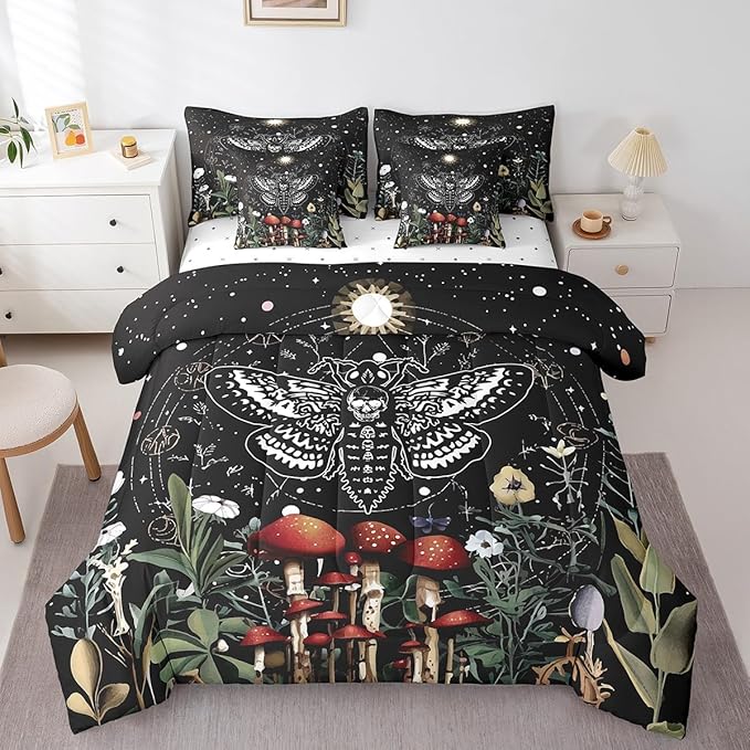 Feelyou Boho Moth Bedding Set Kids Bohemian Galaxy Comforter Set Full Size 7 Pieces Boys Girls Wild Mushroom Floral Bed in a Bag Eoxtic Bed Set with Comforter, Sheet Set, Pillowcases, Pillow Covers