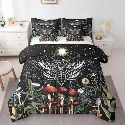 Feelyou Boho Moth Bedding Set Kids Bohemian Galaxy Comforter Set Full Size 7 Pieces Boys Girls Wild Mushroom Floral Bed in a Bag Eoxtic Bed Set with Comforter, Sheet Set, Pillowcases, Pillow Covers