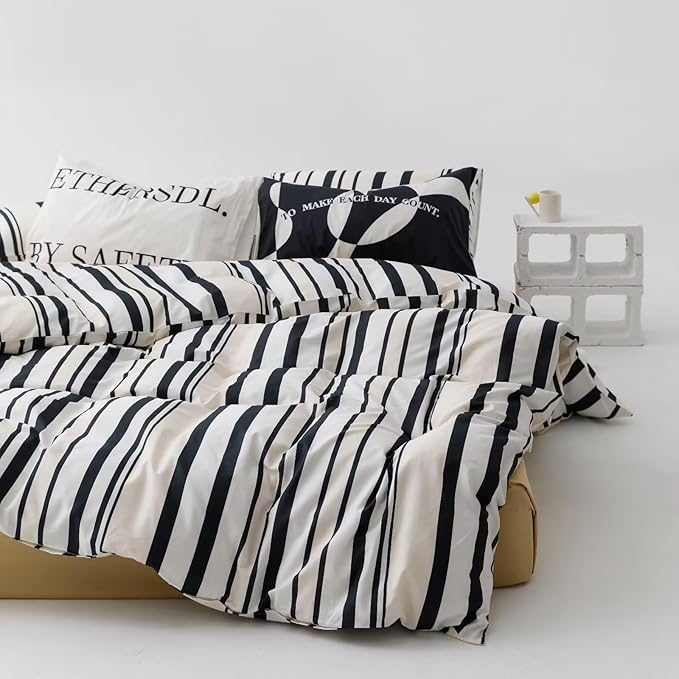 KAREVER Striped Comforter Set - California King Black & White Modern Chic Stripes Bed Comforter - Beige & Black Striped Cal King Ticking Bedding - All Season Hotel Quality Bed Set