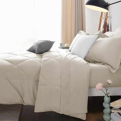 CozyLux Queen Comforter Set Oatmeal - Bed in a Bag Queen Size 7 Pieces, Luxury Soft Bed Set for All Seasons, Bedding Set with Down Alternative Comforter, Sheets, Pillowcases & Shams