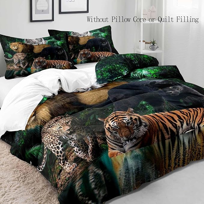 LUVIVIHOME 3PCS Leopard Cheetah Black Panther White Tiger Lion Duvet Cover King Bedding Set, Men Kids Teen Boys Bedding, Tropical Jungle Safari Animals Comforter Bedspread Quilt Cover, 2 Pillow Shams