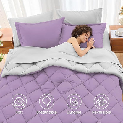 MUXHOMO 7 Pieces King Comforter Set, Reversible Bed in a Bag King Size, All Season Bedding Set with Comforter, Flat Sheet, Fitted Sheet, Pillowcases & Shams, Greyish Purple & Light Grey