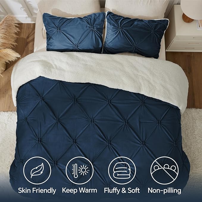 BEDELITE Pintuck Fluffy King Size Comforter Set - Super Soft Sherpa Navy Comforter for King Size Bed, Luxury Warm Bedding Set for Winter, Fuzzy Bed Set 3 Pieces (1 Comforter, 2 Pillowcases)