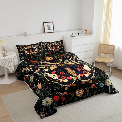 Erosebridal Halloween Boho Moth Bedding Set Toddler, Gothic Nature Comforter Set Boho Exotic Vintage Floral Black Comforter for Kids Teens Youth Women Men Bedroom, Starry Sky Quilt with 1 Pillow Case
