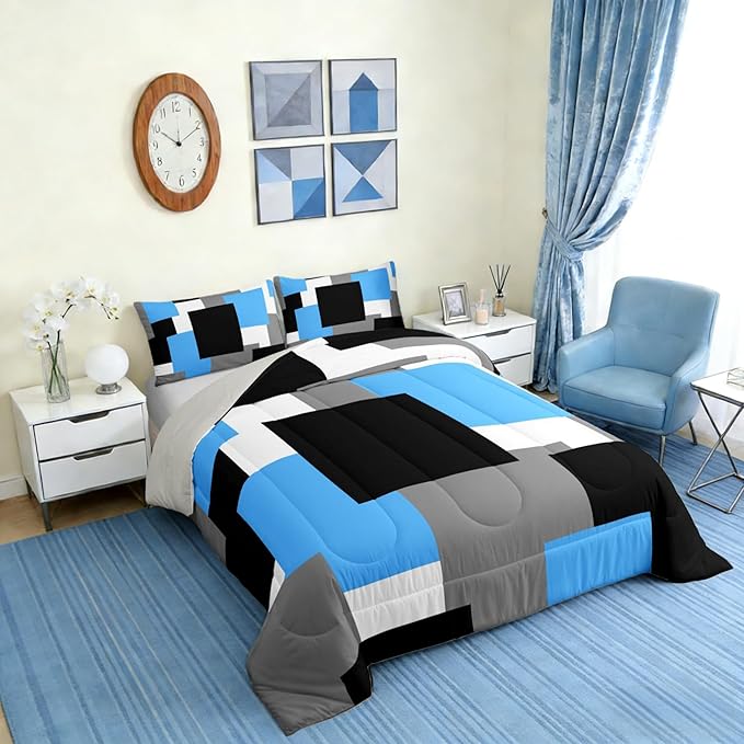Castle Fairy Blue Grey Black KidsComforter/Duvet Set,Modern Abstract Art Ultra Soft Bed Collection King Size,Geometric Grid Square Splicing Bedding for Room Decor 3 Pcs,Microfiber Breathable