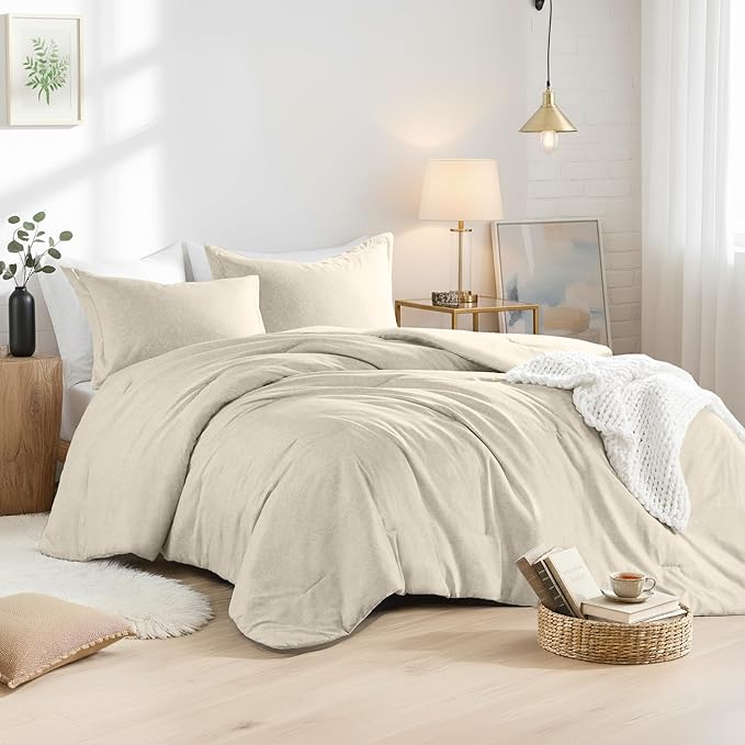Full/Queen Size Comforter Set, Lightweight Neutral Soft Bedding for All Seasons, 3 Pieces Chambray Print Solid Farmhouse Bed Set, Comforter & Sham