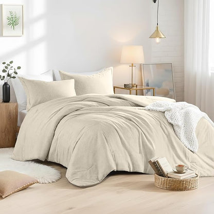 Full/Queen Size Comforter Set, Lightweight Neutral Soft Bedding for All Seasons, 3 Pieces Chambray Print Solid Farmhouse Bed Set, Comforter & Sham