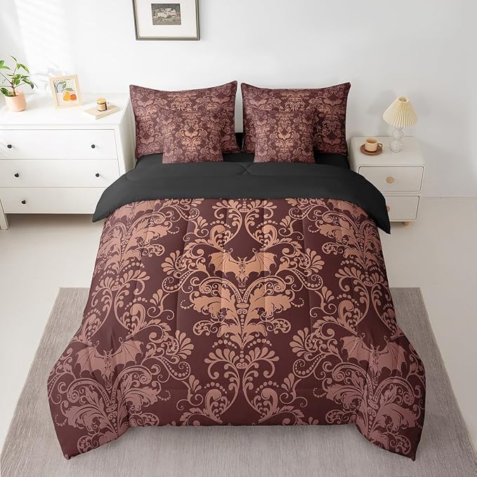 Erosebridal Gothic Damask Bed in a Bag Queen Comforter Set 7 Piece,Halloween Bat Bedding Sets Brown Victorian Floral Goth Sheet Set with Comforter