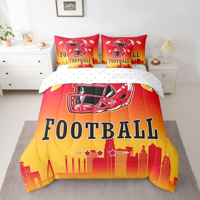 Erosebridal American Soccer Comforter Set with Sheets King Boys Football Fans 7 Pcs Bedding Set American Rugby Sports Bed in A Bag for Kids Teen Adults,City Silhouette Ball Games Bed Set