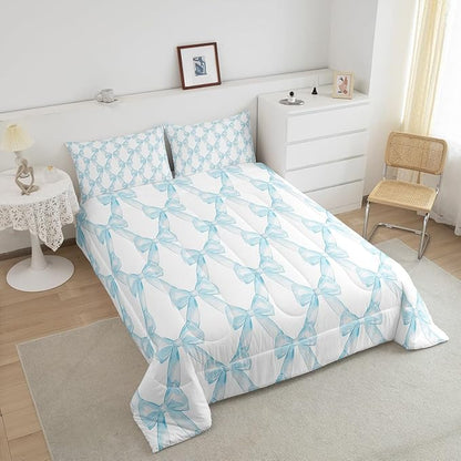 Erosebridal Ribbon Bow Girls King Bedding Set Blue White Bowknot Comforter Set Princess Style Bow Tie Bedding Comforter Sets Dreamy Watercolor Bowknot Quilt Duvet for Kids Bedroom Decor