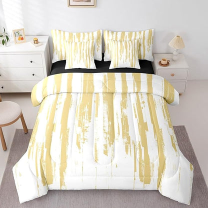 Erosebridal 7Pcs Yellow Striped Comforter Set Queen for Women Men,Modern Geometric Abstract Bedding with Bed Sheets,Gradient Art Aesthetic Bed in A Bag,Boho Graffiti Quilt Set with Pillowcases