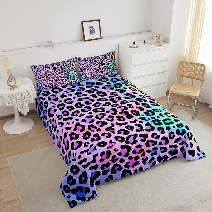 Women Cheetah Printed Bedding Comforters Queen Size, Colorful Leopard Printed Comforter Set Africa Leopard Pattern Decorative for Girls Woman, Soft Microfiber Down Comforter with 2 Pillow Shams