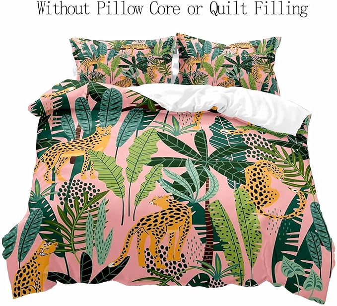 LUVIVIHOME 3PCS Leopard Duvet Cover King Bedding Set, Pink Duvet Cover, Boho Aesthetic Tropical Plant Green Leaves Botanical Safari Jungle Animals Cheetah Leopard Comforter Quilt Cover, 2 Pillow Cases