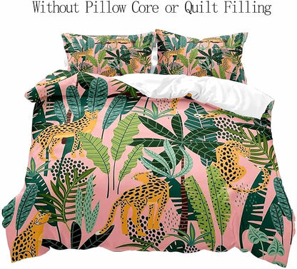 LUVIVIHOME 2PCS Leopard Duvet Cover Twin Bedding Sets, Pink Duvet Cover, Boho Aesthetic Tropical Plant Green Leaves Botanical Safari Jungle Animals Cheetah Leopard Comforter Quilt Cover, 1 Pillow Case