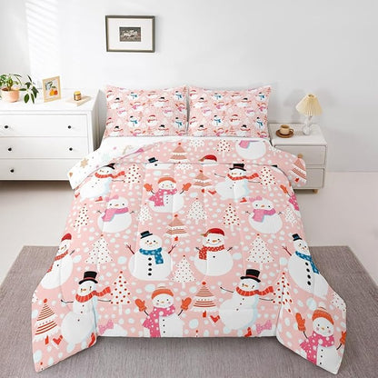 Cute Snowman Bedding Set King Size Cartoon Christmas Tree Comforter Set 3Pcs Red White Dots Print Theme Quilt Set for Kids Girls Boys Room Decor Watercolor Pink Duvet Insert,2 Pillowcases