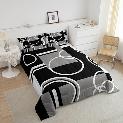 Erosebridal Modern Grey Black Striped Comforter Set Geometric Down Comforter King Size Retro Circle Swirls Bedding Set Bedroom Decor Abstract Texture Color Art Comforter for Kids Adult
