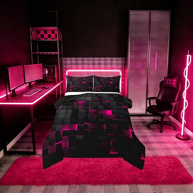 Erosebridal Black Hot Pink Comforter Set Queen Neon Geometric Checkered Bedding Set for Girls Teen Women Abstract Stereoscopic Grids Quilt Square Plaid Bed Set 3 Pcs Gamer Room Decor