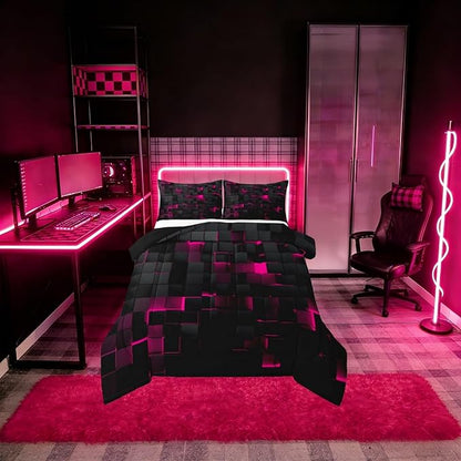 Erosebridal Black Hot Pink Comforter Set King Neon Geometric Checkered Bedding Set for Girls Teen Women Abstract Stereoscopic Grids Quilt Square Plaid Bed Set 3 Pcs Gamer Room Decor