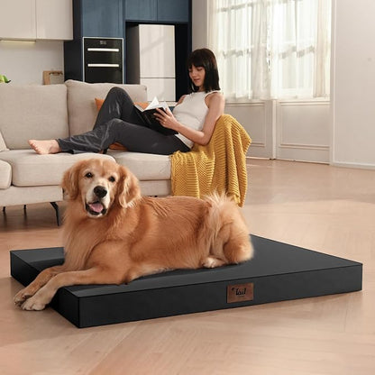 Outdoor Extra Large Dog Bed, Jumbo Waterproof Dog Bed for Large Dogs, Orthopedic Egg Crate Foam Pet Mat with Removable Oxford Cooling Cover, Black