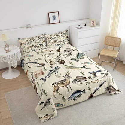 Erosebridal Hunting and Fishing Queen Bedding Set,Deer Hunting Comforter Set for Kids Boys Men,Big Bass Pike Fish Comforter,Rustic Cabin Lake House Bedroom Room Decor,2 Pillowcases Breathable