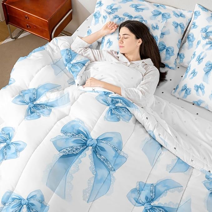 Erosebridal Kawaii Cute Girls Bowknot Blue Comforter Set Queen Size 7 Pieces | Lace Dreamy Bed in A Bag Princess Bed Set Bow Kids Bedding