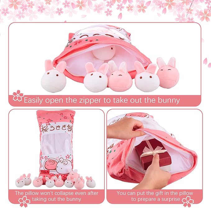 Juexica Cute Bunny Plush Pillow Kawaii Stuffed Animal Pink Soft Rabbit Throw Pillow Removable Animal Toys Gifts for Room Decorations