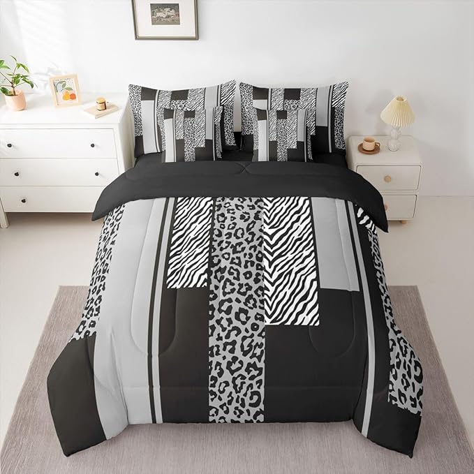 Erosebridal Grey Black Leopard Print Stripes 7 Piece Bedding Set Twin | Zebra Cheetah Fur Pattern Comforter Set with Sheets Wild Animal Skin Bed in A Bag Geometric Adults Men Women Bed Sets
