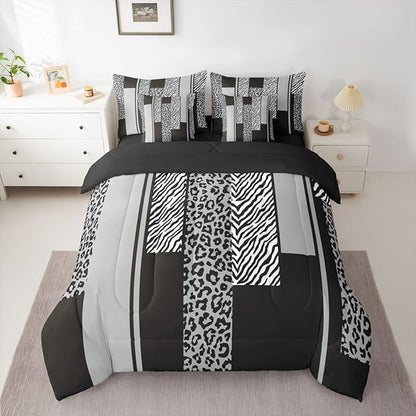 Erosebridal Grey Black Leopard Print Stripes 7 Piece Bedding Set Twin | Zebra Cheetah Fur Pattern Comforter Set with Sheets Wild Animal Skin Bed in A Bag Geometric Adults Men Women Bed Sets