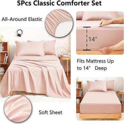 CozyLux Twin XL Comforter Set Blush Pink - 5 Pieces Twin Extra Long Bed in a Bag for College Dorm, All Season Bedding Set for Girls and Boys, Soft Bed Set with Comforter, Sheets, Pillowcase & Sham