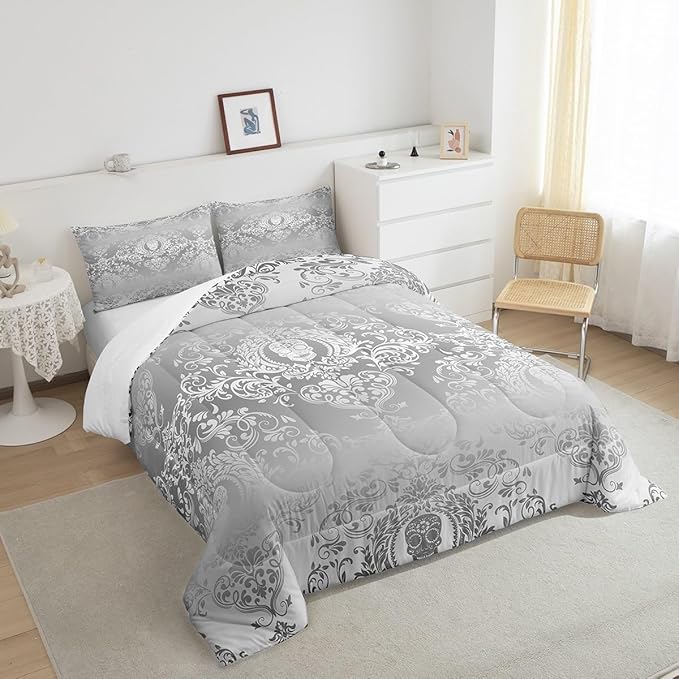Feelyou Adults Silver Vintage Damask Floral Comforter Set Oriental Antique Comforter Queen Size Gothic Bohemia Boho Bedding Set Exotic Sugar Skull Duvet Set Quilt Set 3Pcs
