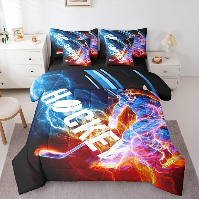Erosebridal Ice Hockey 7 Piece Comforter Set Full,Puck Hockey Player Bedding Sets for Kids Boys Girls Teens,Red Blue Lightening Fitted Sheet,Winter Sports Game Flat Fitted Sheet Bedroom Decor