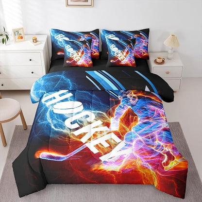 Erosebridal Ice Hockey 7 Piece Comforter Set Queen,Puck Hockey Player Bedding Sets for Kids Boys Girls Teens,Red Blue Lightening Fitted Sheet,Winter Sports Game Flat Fitted Sheet Bedroom Decor