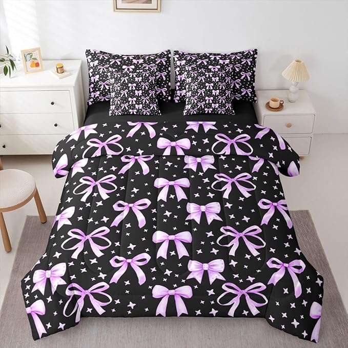 Erosebridal Kawaii Black Purple Cute Girls Bowknot Comforter Set Queen Size 7 Pieces | Princess Bed in A Bag Dreamy Y2K Bed Set Bow Kids Bedding