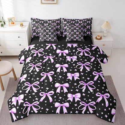 Erosebridal Kawaii Black Purple Cute Girls Bowknot King 7-Piece Comforter Set | Princess Sheets and Pillowcases Dreamy Y2K Bed in A Bag Bow Kids Bed Sets