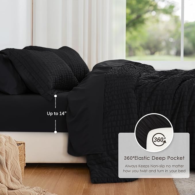 Love's cabin Seersucker Black King Size Comforter Set, 7-Piece All Season Lightweight Bed in a Bag Bedding Set with Comforter, Flat Sheet, Fitted Sheet, Pillowcases and Shams | Soft, Breathable, Lightweight